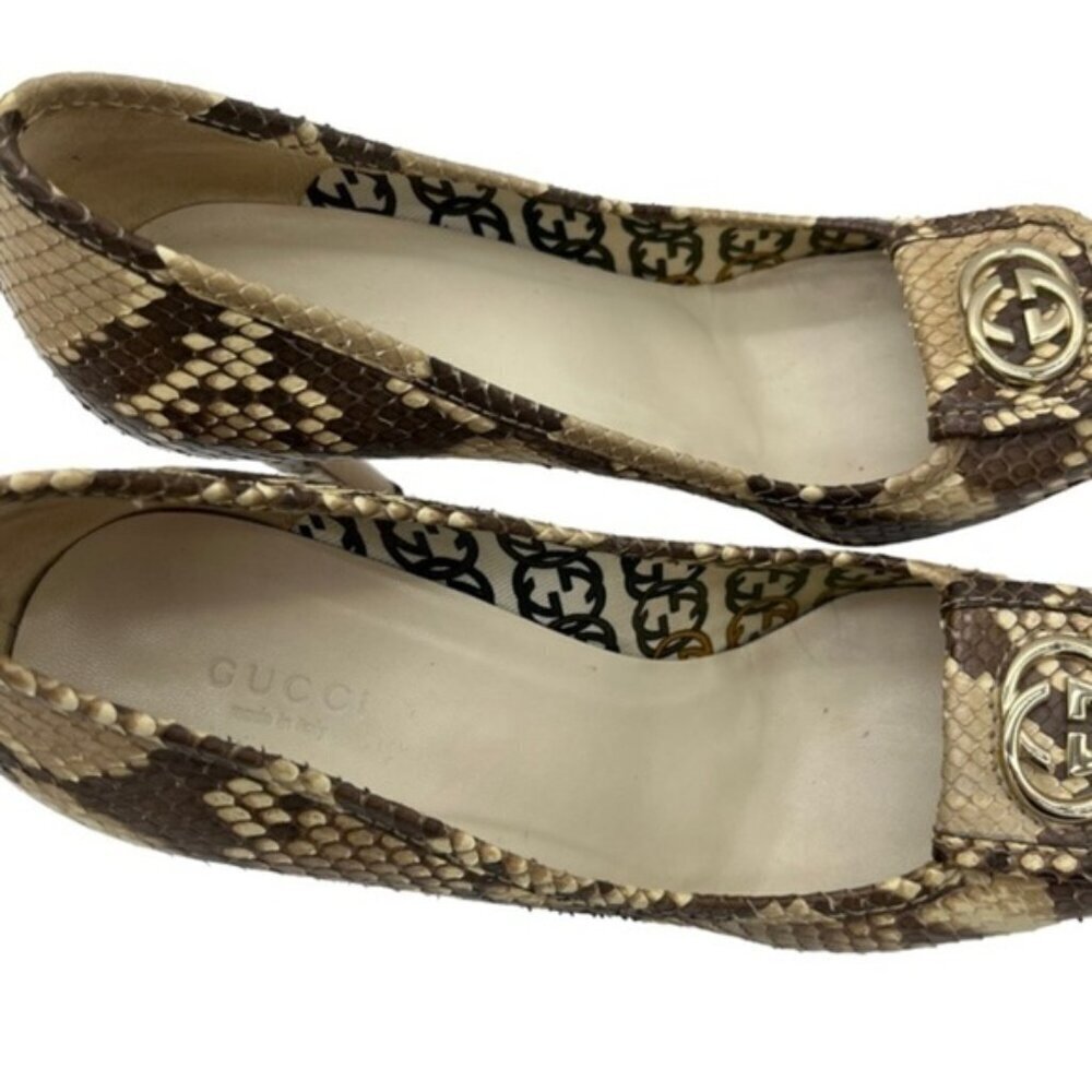 Gucci‎ GG Brown Beige Python Square Toe Pumps Size 8B - Picture 7 of 12